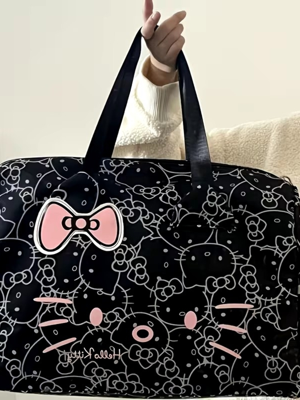 Hello Kitty Black & Pink Travel Tote Bag - Iconic Bow Design